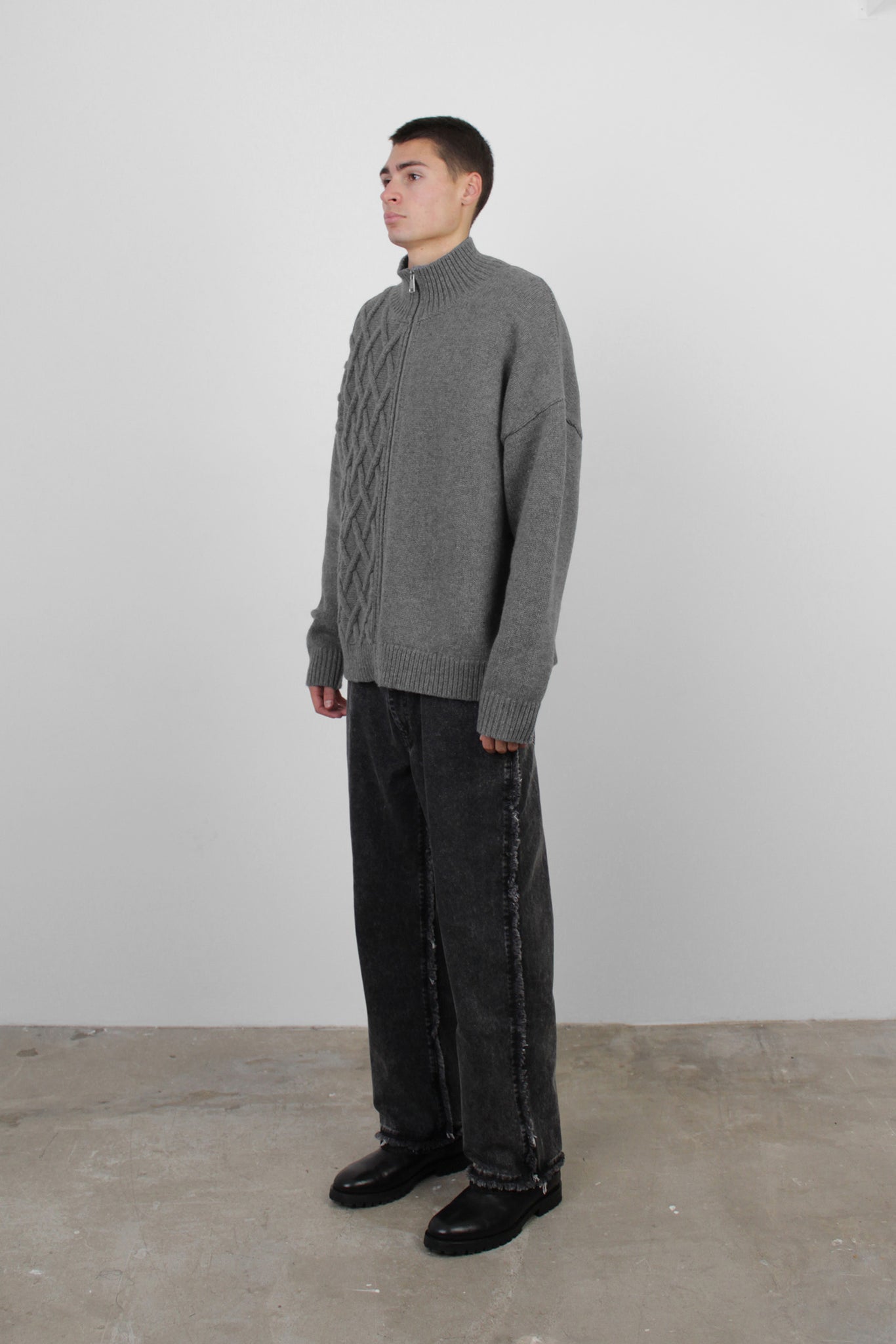 Cable Knit Zip Sweater in Grey