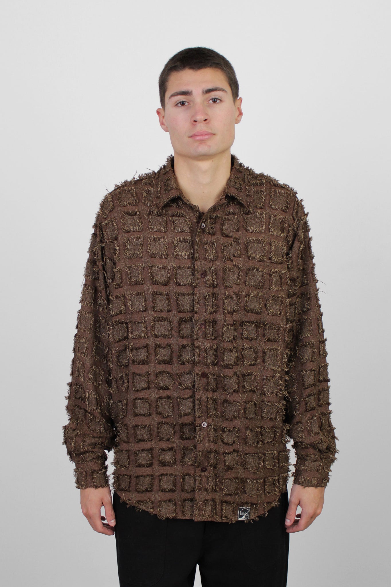 Checked Fringe Shirt in Brown