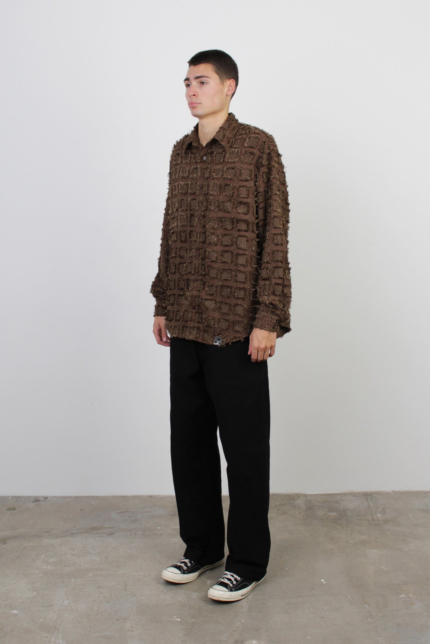 Checked Fringe Shirt in Brown