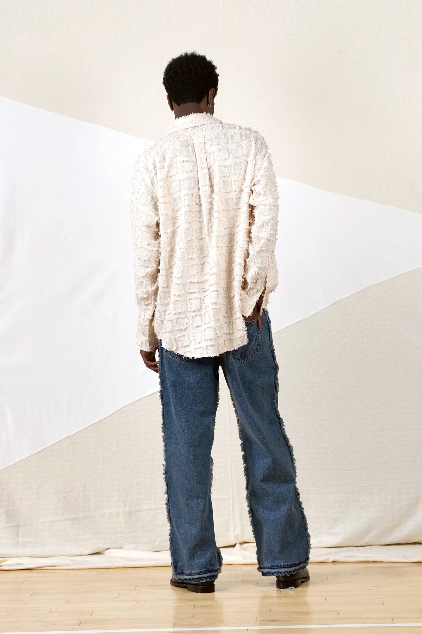 Checked Fringe Shirt in Off White