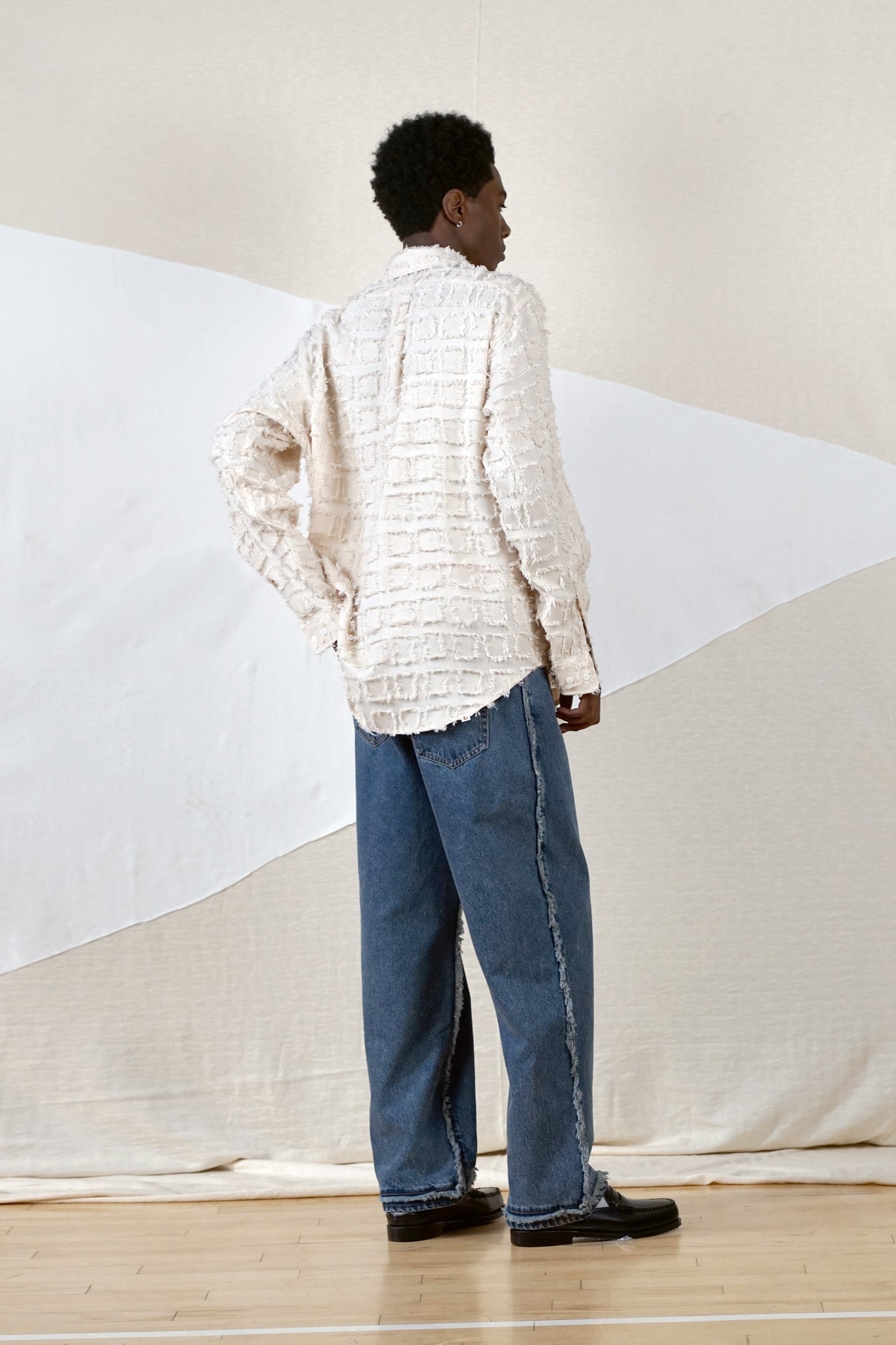 Checked Fringe Shirt in Off White