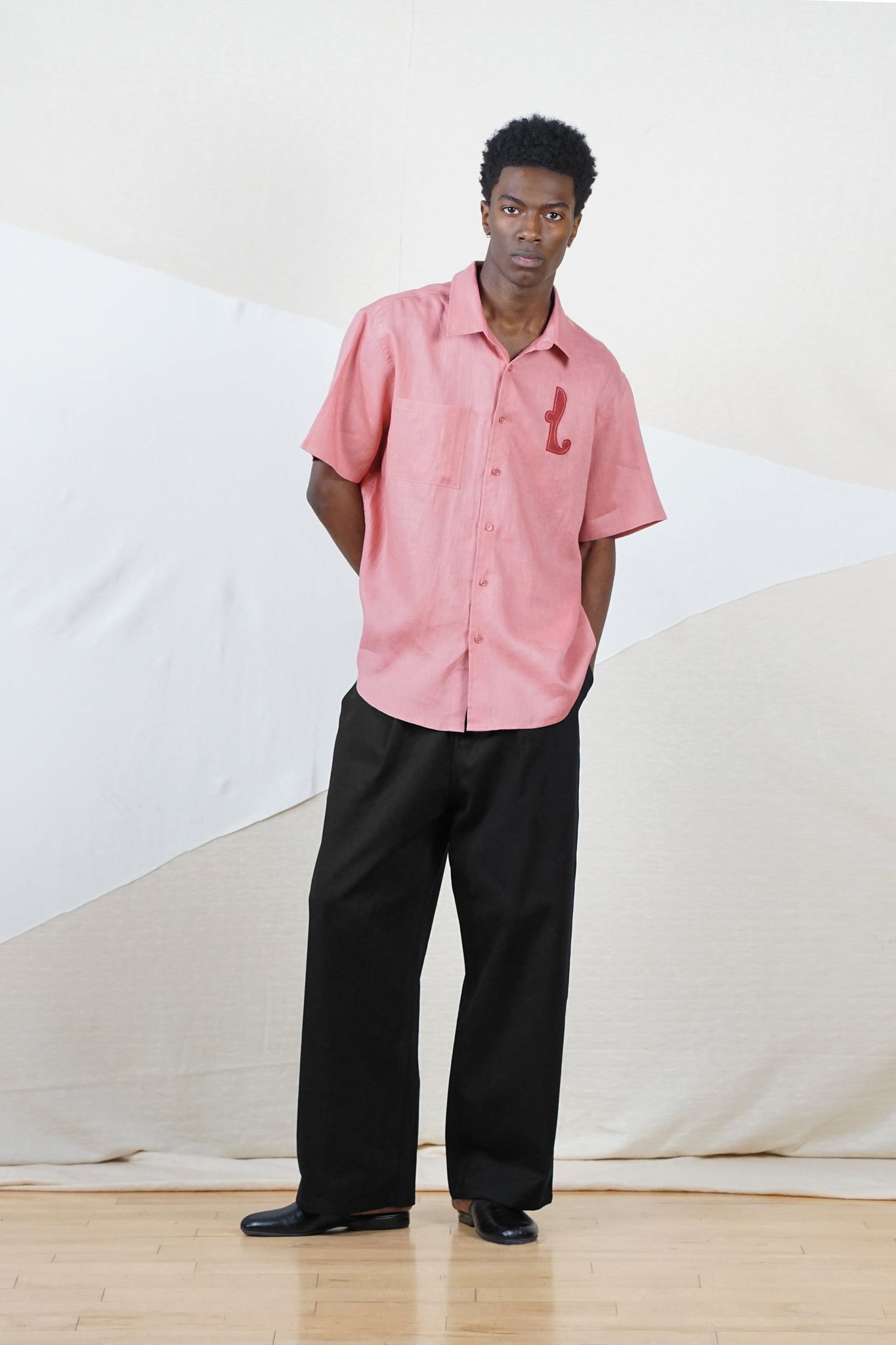 Appliqué Linen Shirt in Salmon Pink