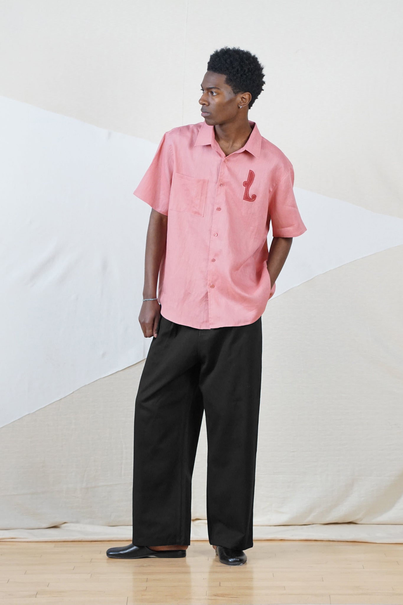 Appliqué Linen Shirt in Salmon Pink