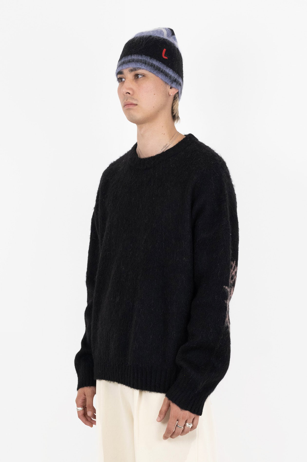 Striped Mohair Beanie in Black and Blue