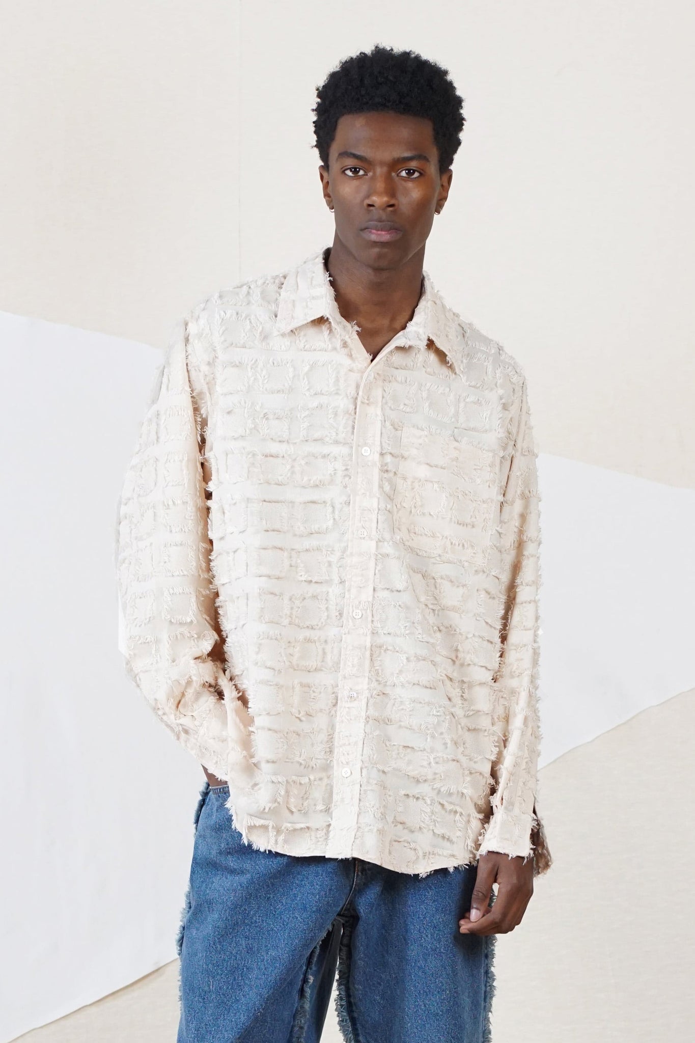 Checked Fringe Shirt in Off White