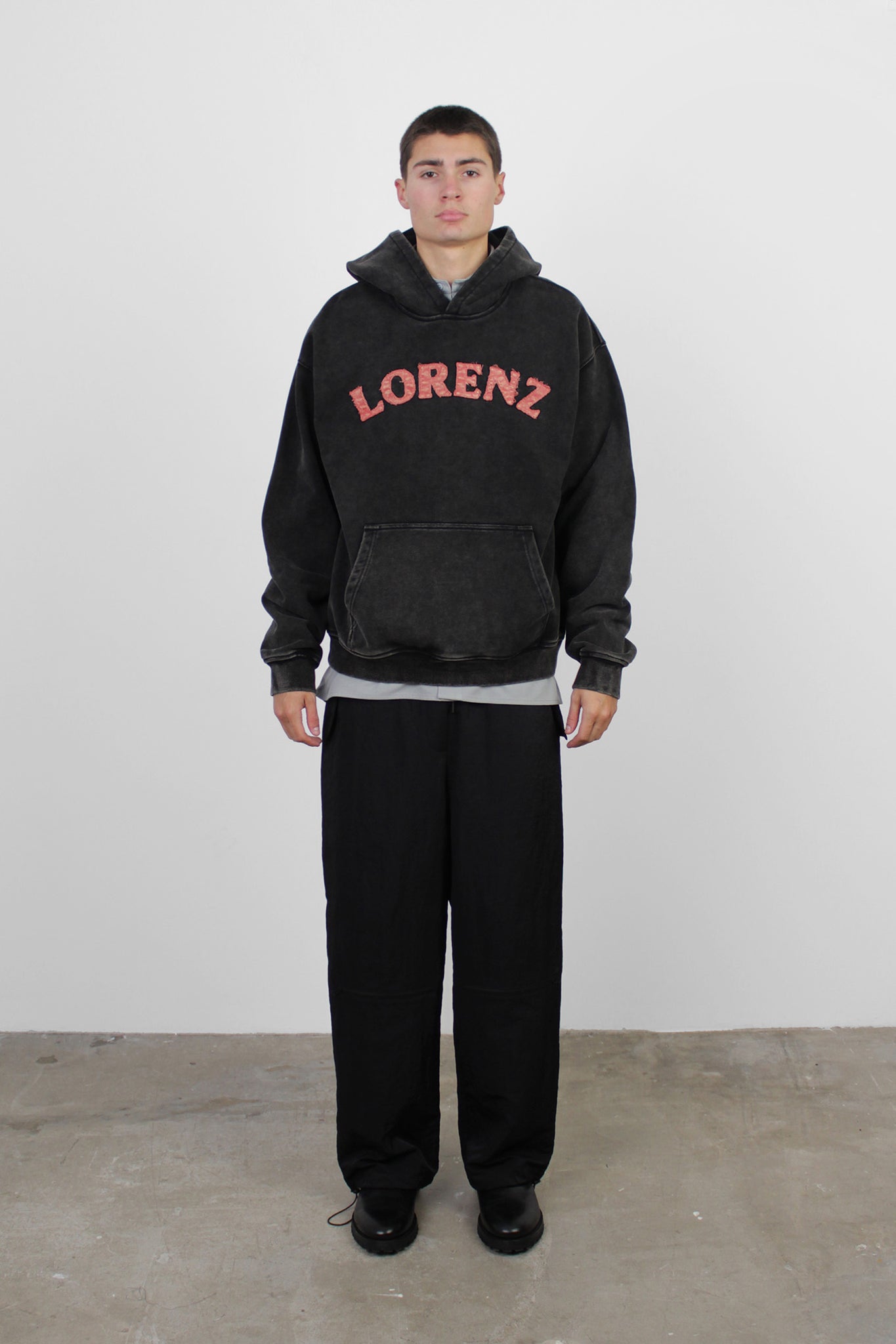 LORENZ Appliqué Hoodie in Washed Black